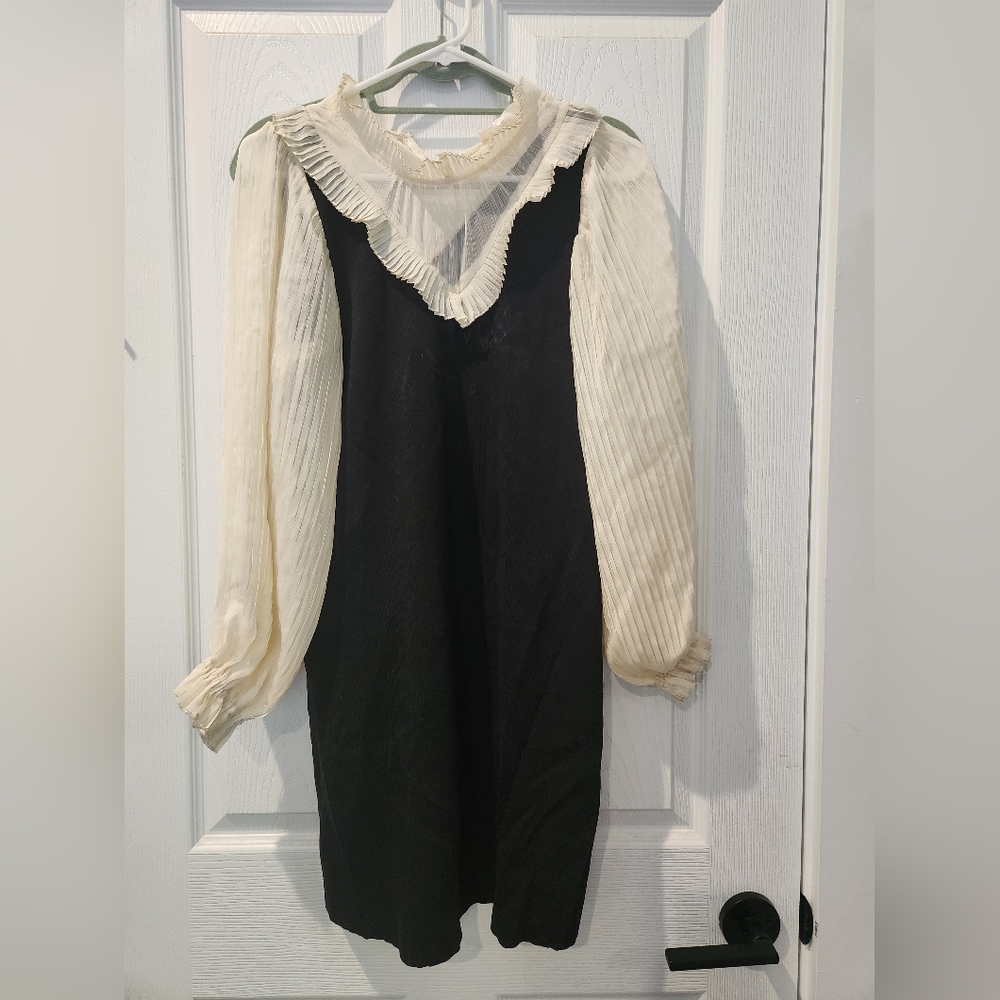 bohme black dress with gauze sleeves and high collar.